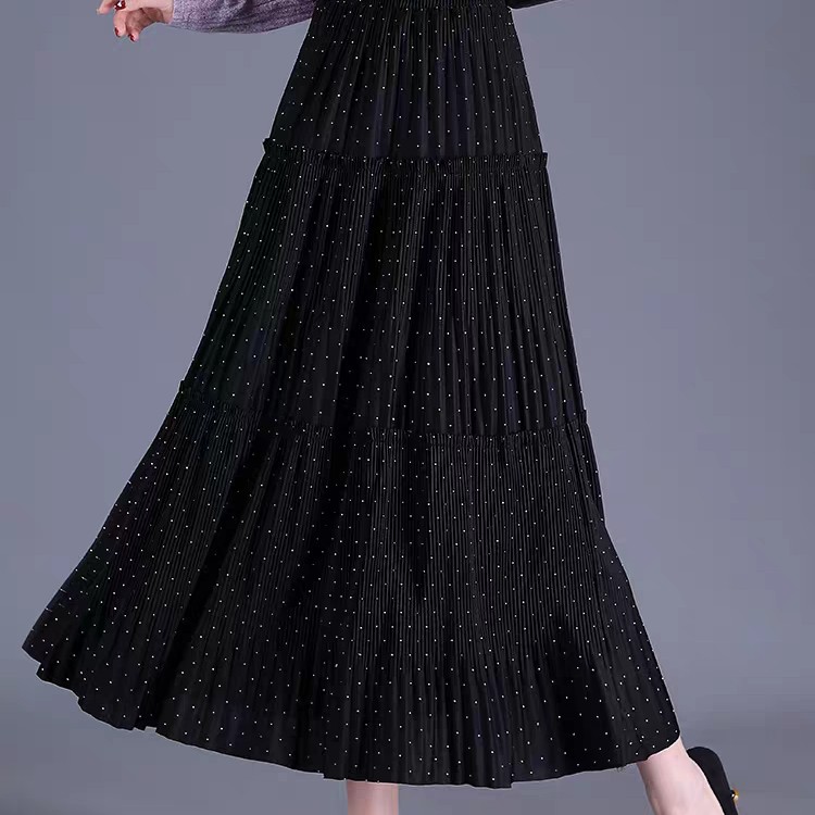 气质烫钻高腰半身裙秋季通勤百搭显瘦丝绒A字裙中长款时尚半裙