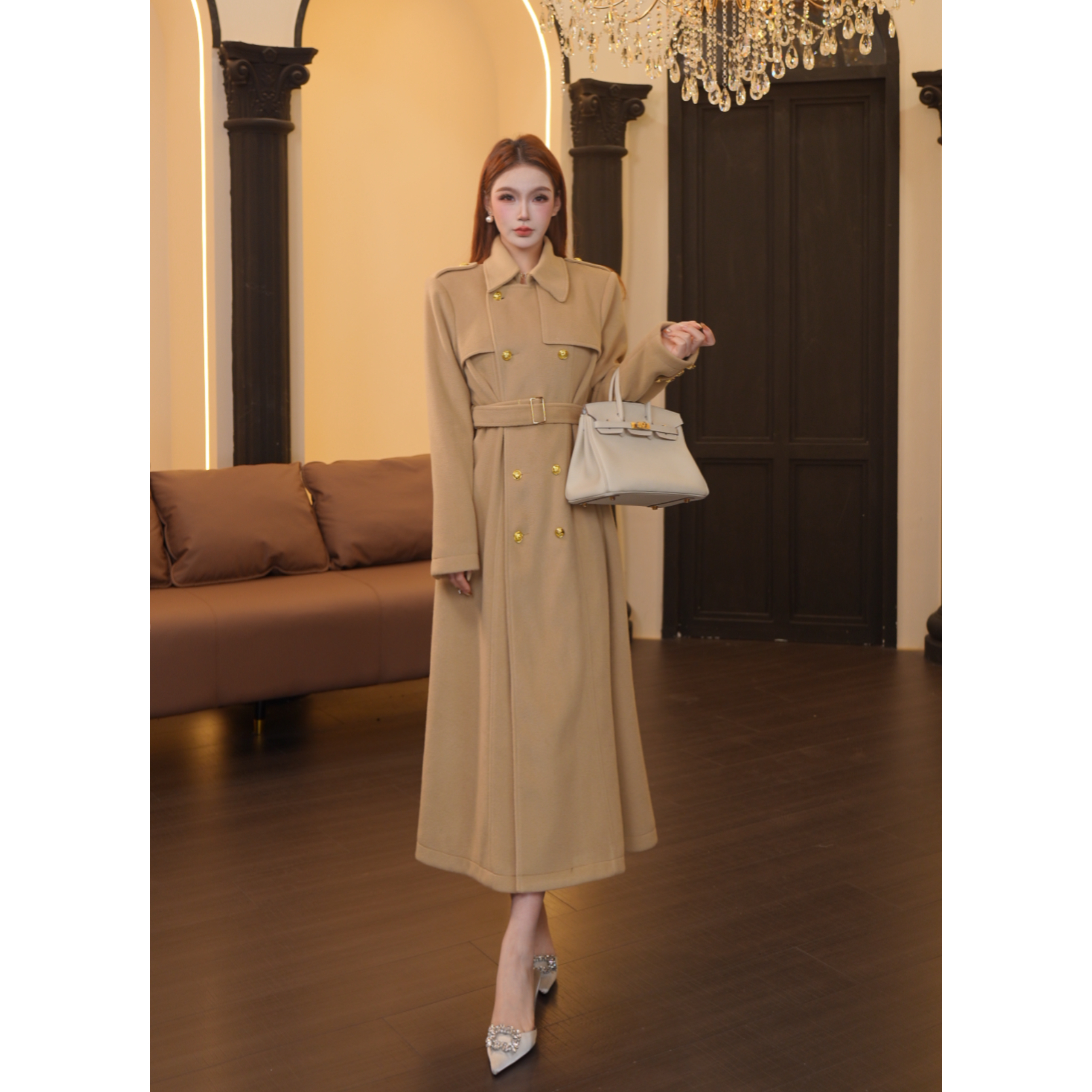 3店-198【温迪定制】常规V领立领女中长款衬衫袖风衣翻领森系JXK621