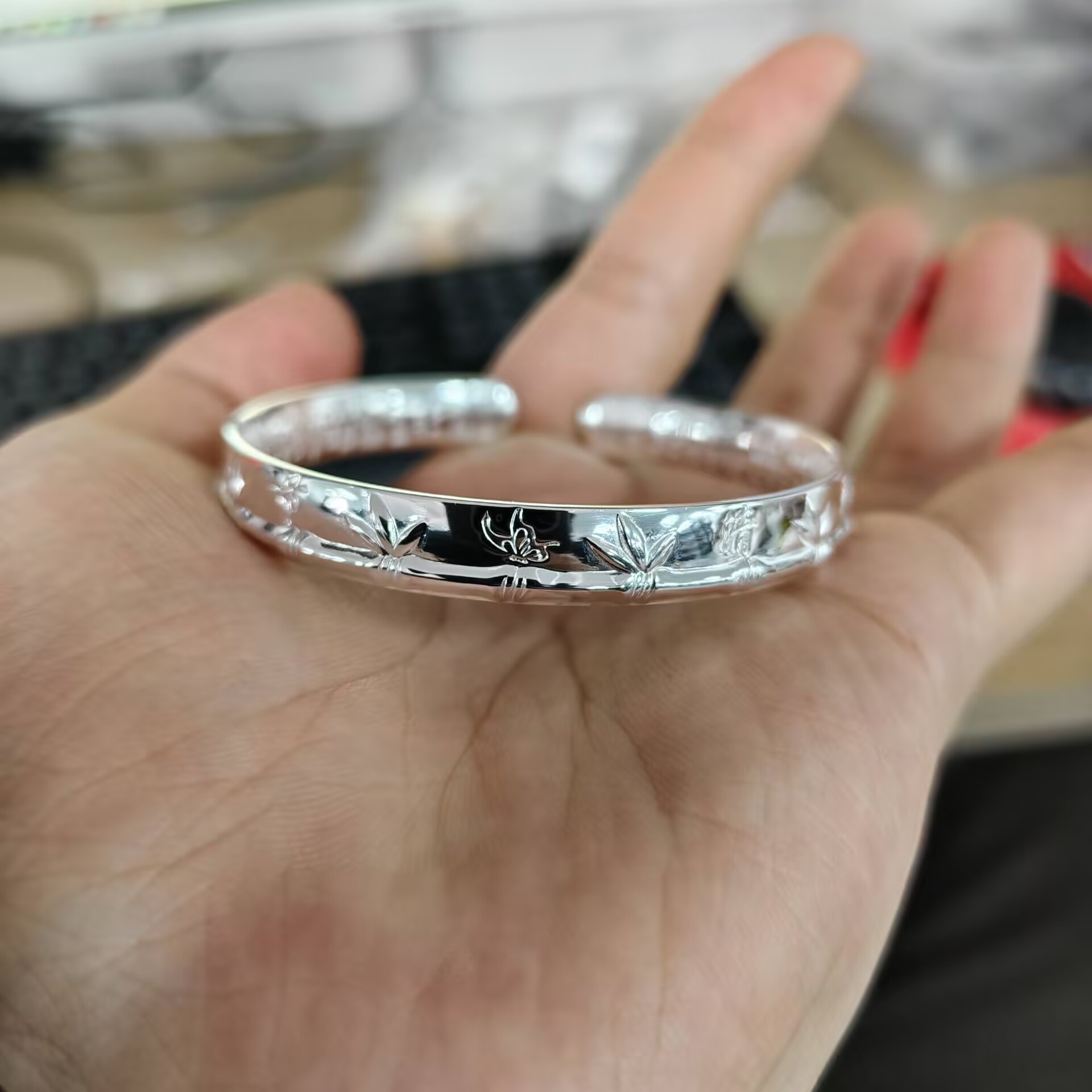 九乐 足银手镯 999竹节平板内侧百福手镯