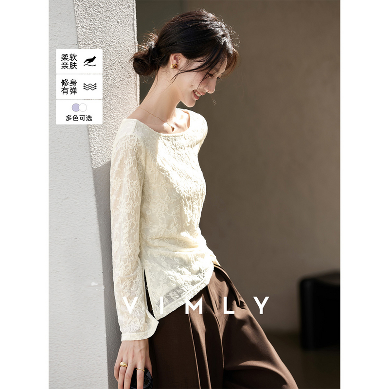 F梵希蔓白色蕾丝一字领t恤女秋季收腰显瘦内搭打底衫上衣A3029