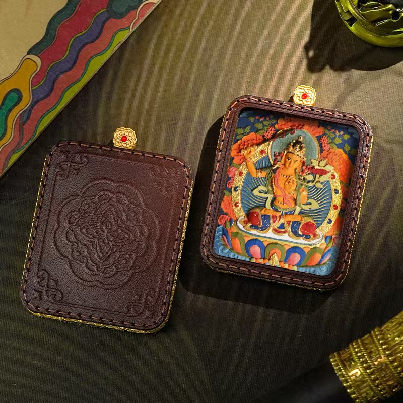 纯手绘藏式唐卡吊坠绿度母文殊本命佛佛牌
