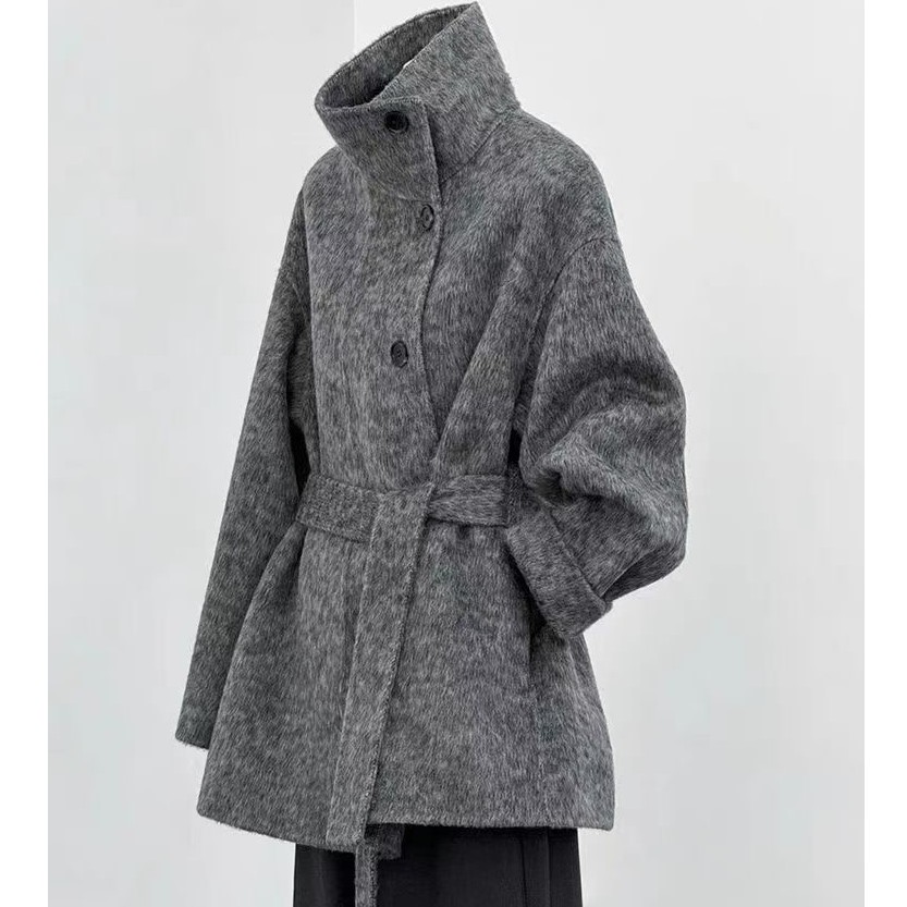 秋冬立领系带短款双面羊毛大衣女韩系高领宽松显瘦毛呢外套上衣女