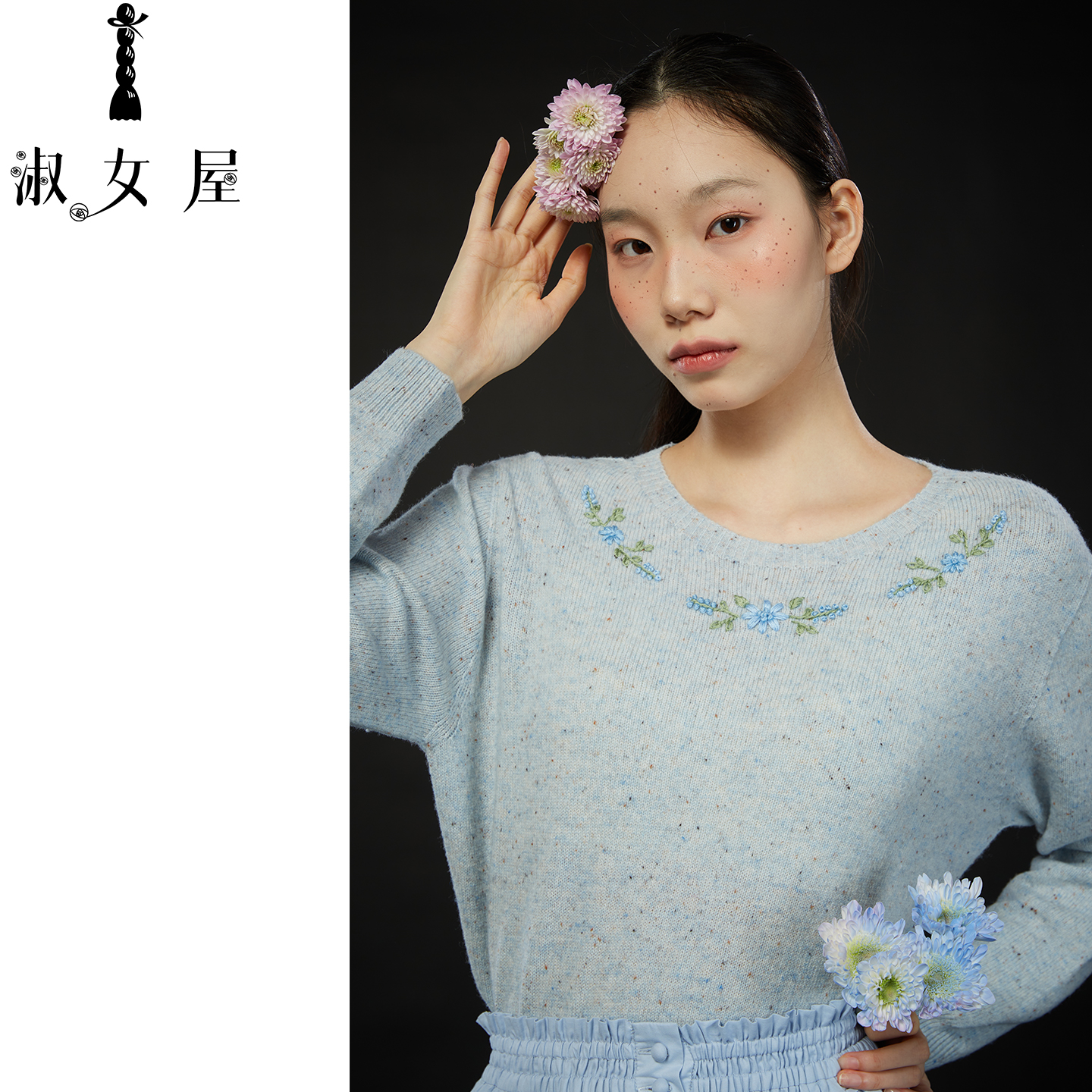 淑女屋官方旗舰店秘密花园。绣花毛衣灰麻套头绣花毛衣
