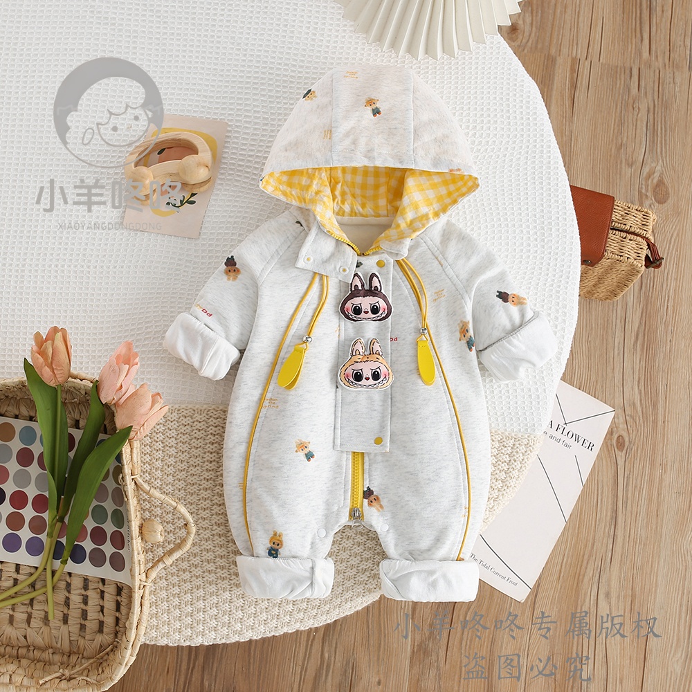 春秋款金扣拉布布哈衣男女宝卡通可爱洋气配色婴幼儿连帽双层爬服