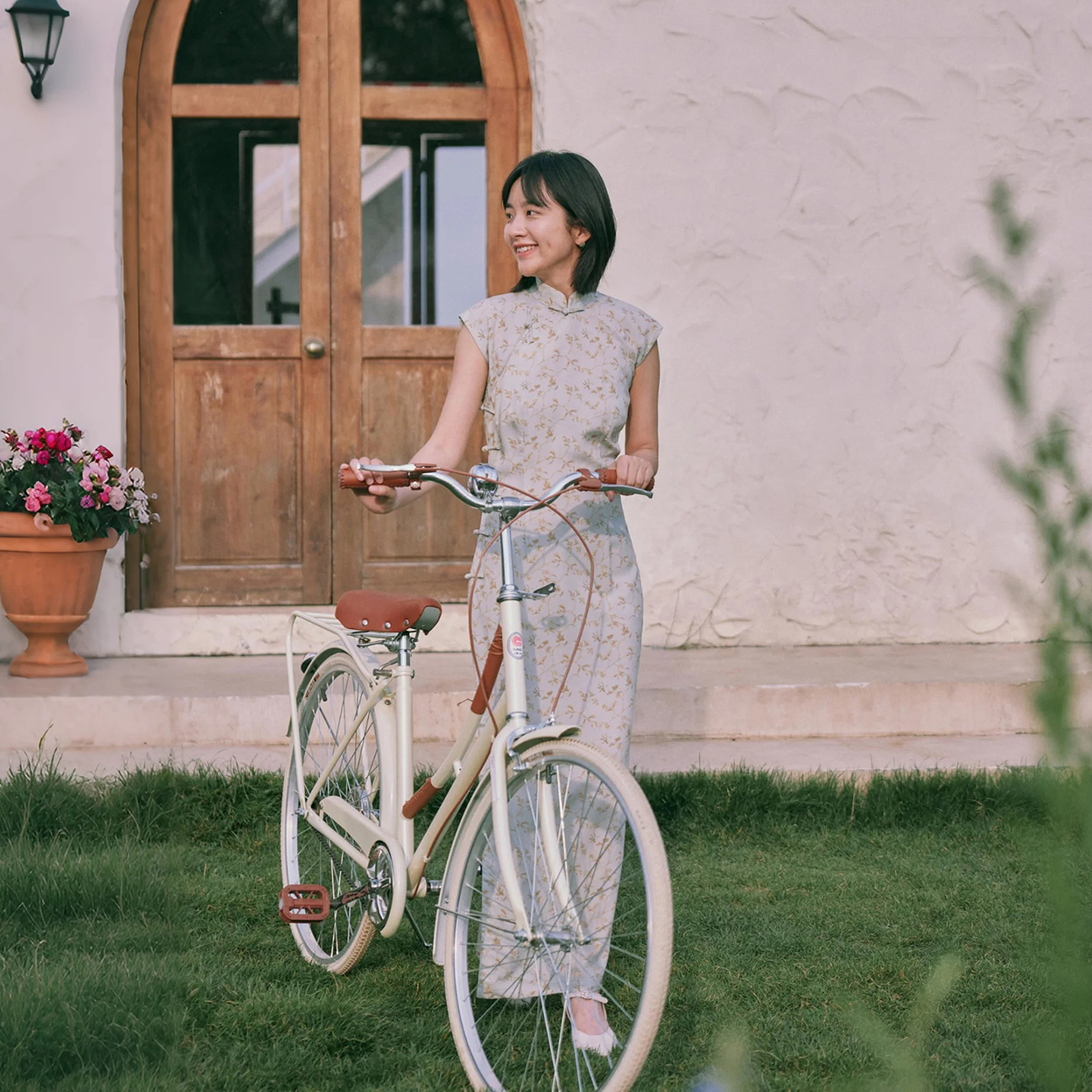 小连袖有省半开襟盘扣中长款 复古日常棉绸旗袍 蔓草书