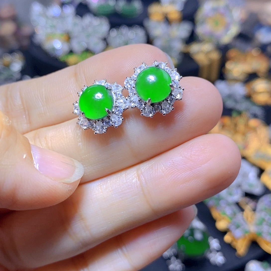 翡翠耳钉银S925镶嵌天然翡翠