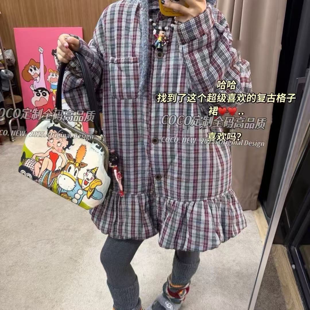 胖欣欣家冬季韩版宽松荷叶边花苞裙夹棉衬衫连衣裙中长款外套女
