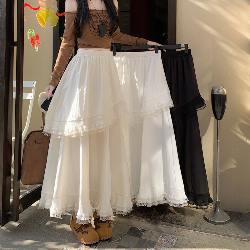 白色蕾丝拼接蛋糕裙半身裙女春季中长款松紧高腰垂感a字大摆长裙