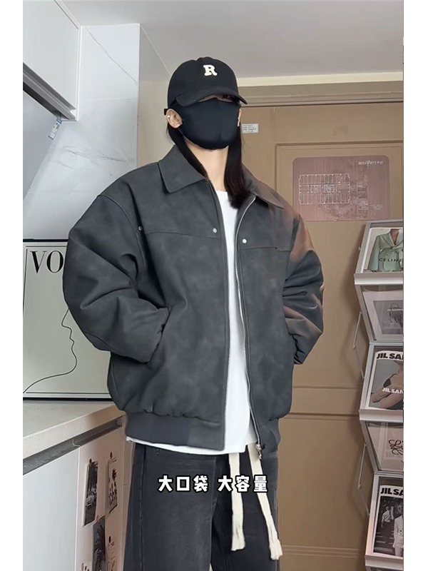 秋冬美式复古PU皮衣夹克外套翻领短款皮衣学生保暖潮流外套棉服男