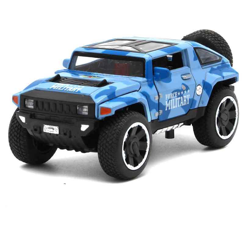 合金迷彩悍马 四开门带灯光音效 14厘米 回力玩具礼盒 按后门有声