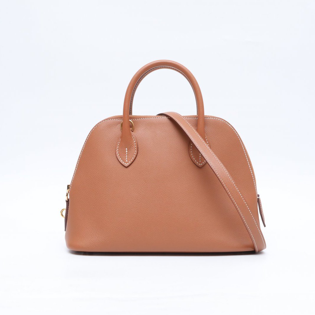 99新 Hermes/爱马仕 小花攀攀保龄球包 25 金棕色 EC皮 Z刻 金扣 