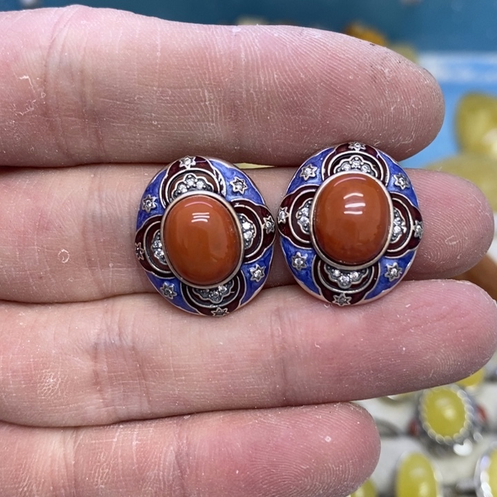 南红玛瑙耳钉银S925镶嵌耳钉