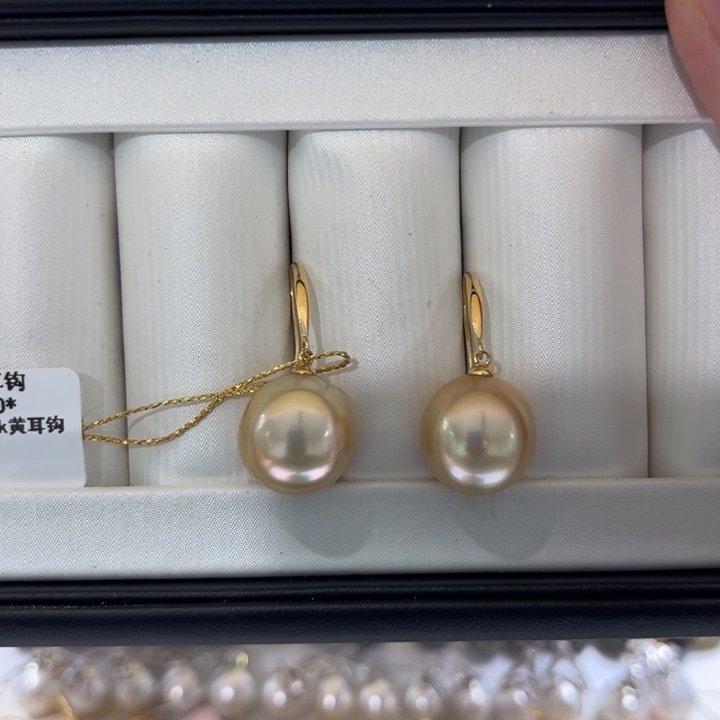 海水珍珠漏金珠耳钩13-14mm18K金镶嵌