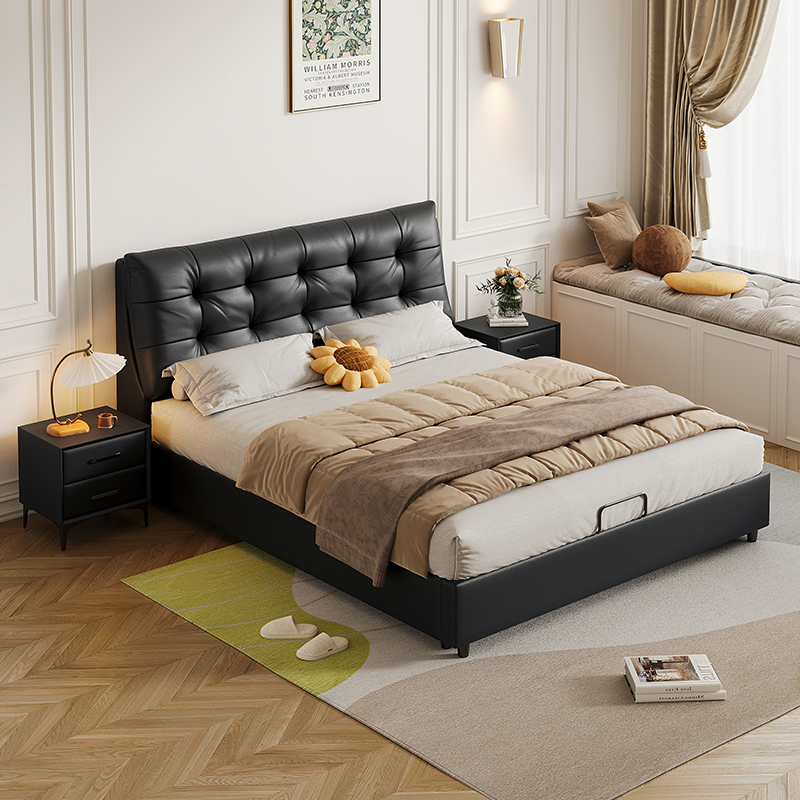 简约现代大黑熊双人床主卧1米5纯实木床轻奢法式单人床皮艺床儿童