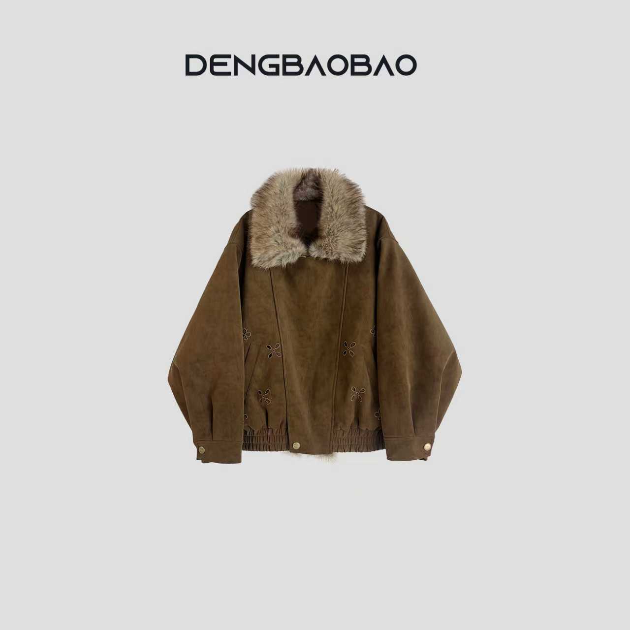 Dengbaobao 【复古宣言】冬季保暖毛毛翻领刺绣拼接PU皮夹克外套女