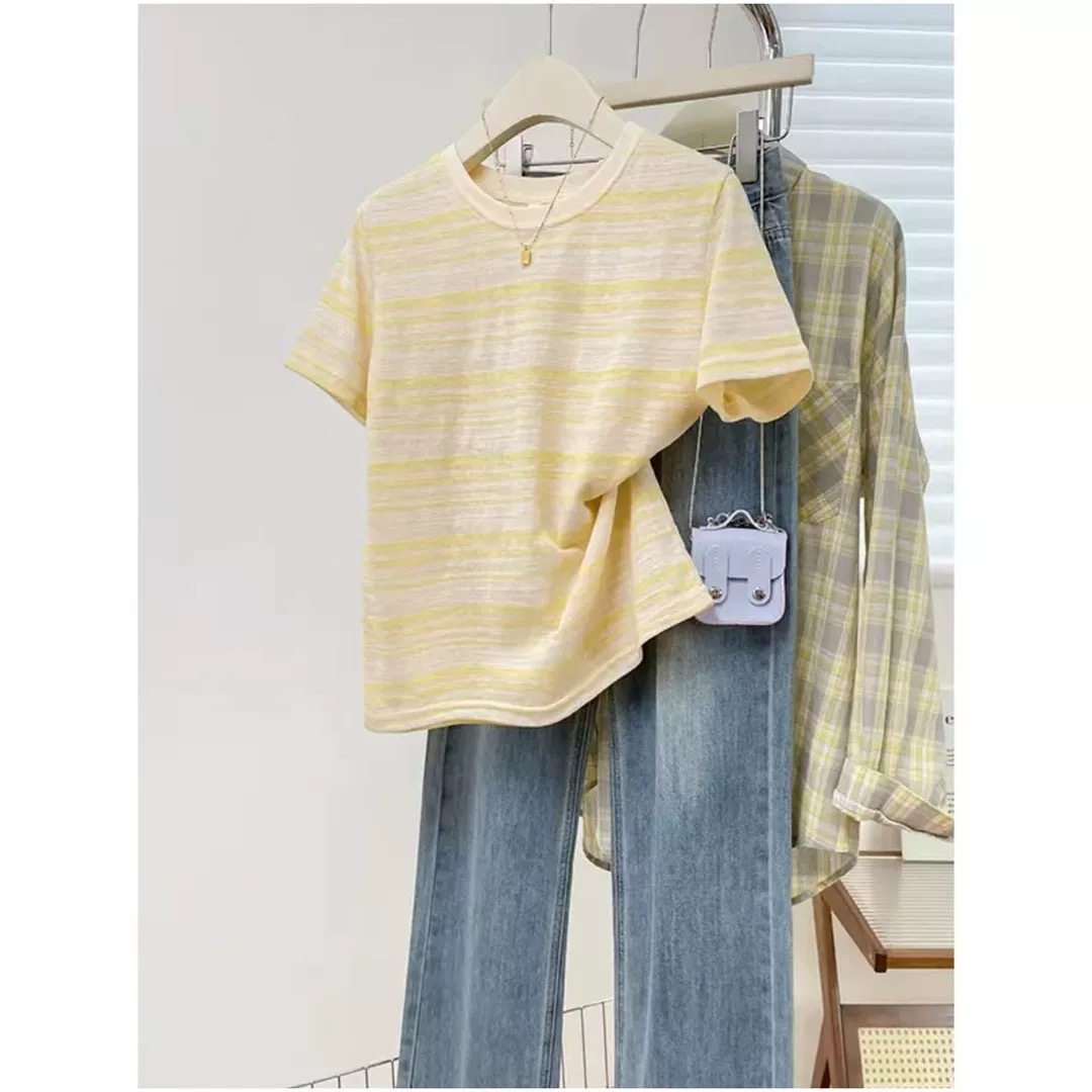 福利款·韩系洋气「贝尔奶黄·多巴胺条纹」短袖撞色上衣25062