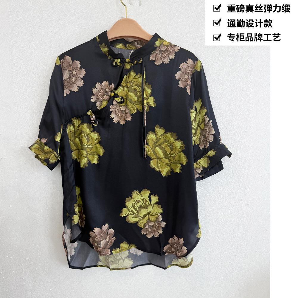 重磅真丝双乔弹力缎新中式国风牡丹桑蚕丝T恤上衣ZKB80
