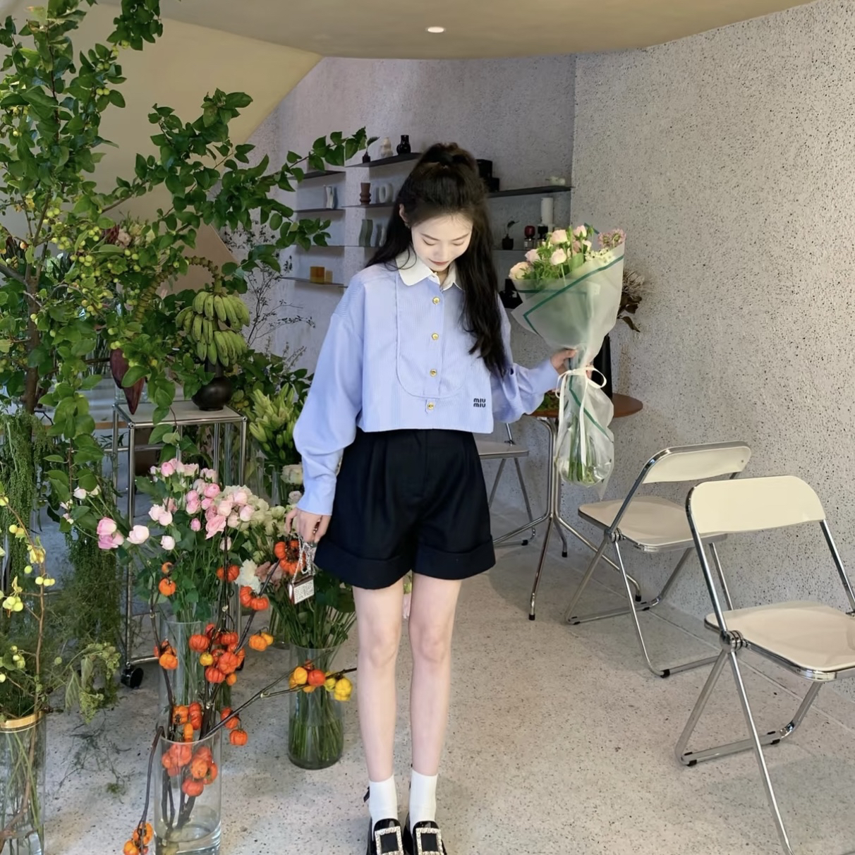 99新 MIU MIU/缪缪 gg86/蓝白格纹字母衬衫上衣 棉 36码