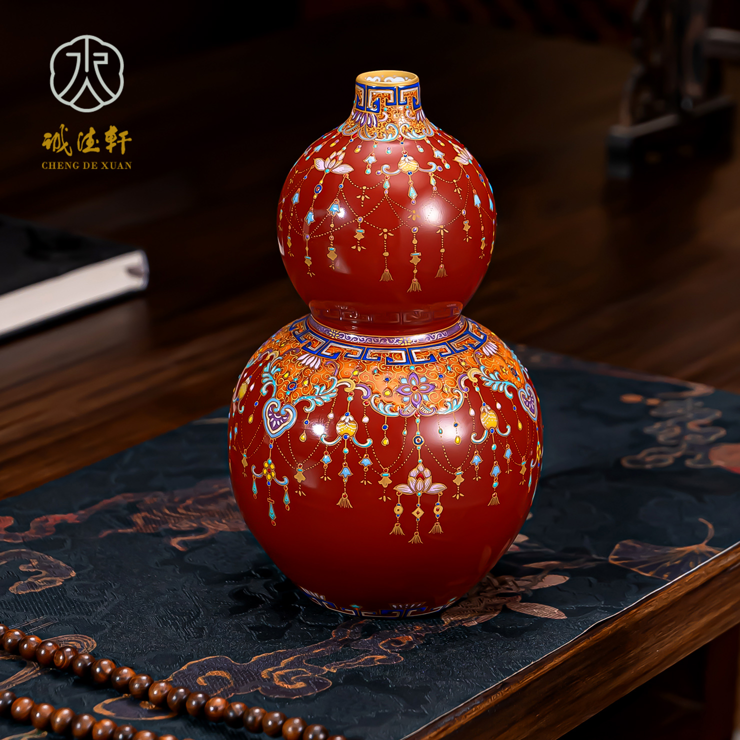 诚德轩陶瓷花瓶摆件景德镇珐琅彩红釉葫芦瓶客厅高档重工装饰瓷器