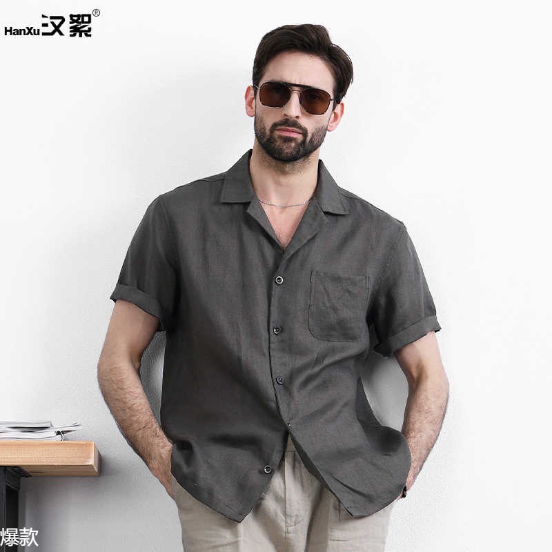 汉絮夏季薄款古巴领短袖亚麻衬衫男士时尚复古文艺休闲宽松衬衣男