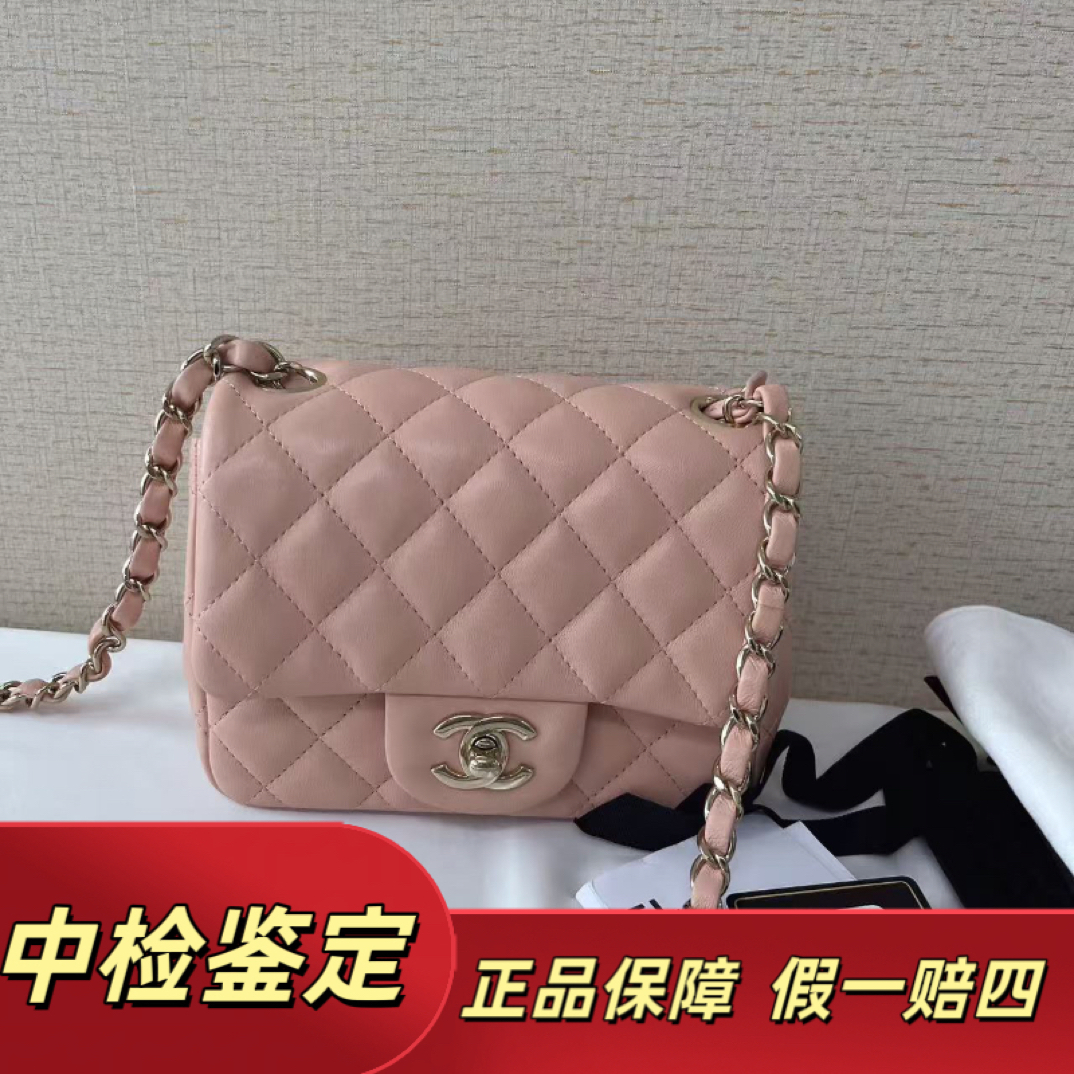 99新 Chanel/香奈儿 樱花粉cf 方胖子链条包 羊皮金扣 单大全套