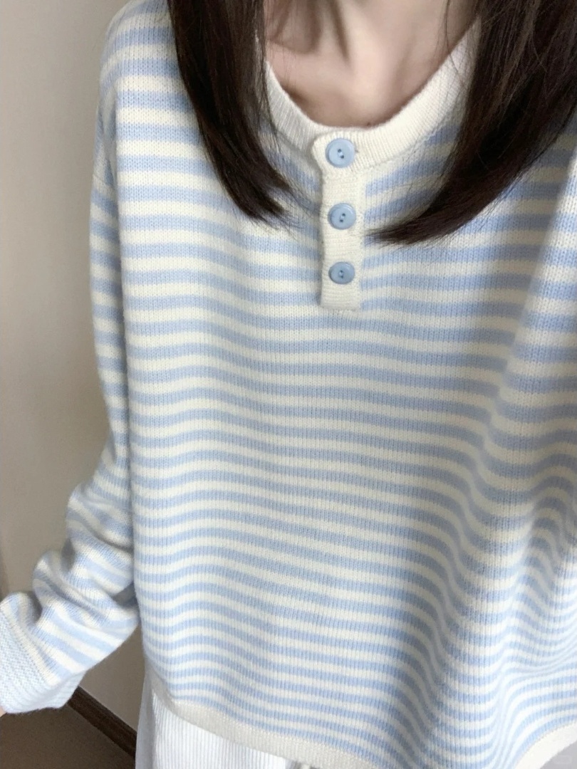 法式蓝色条纹半开领长袖针织衫女冬季2025新款慵懒松弛感软糯上衣