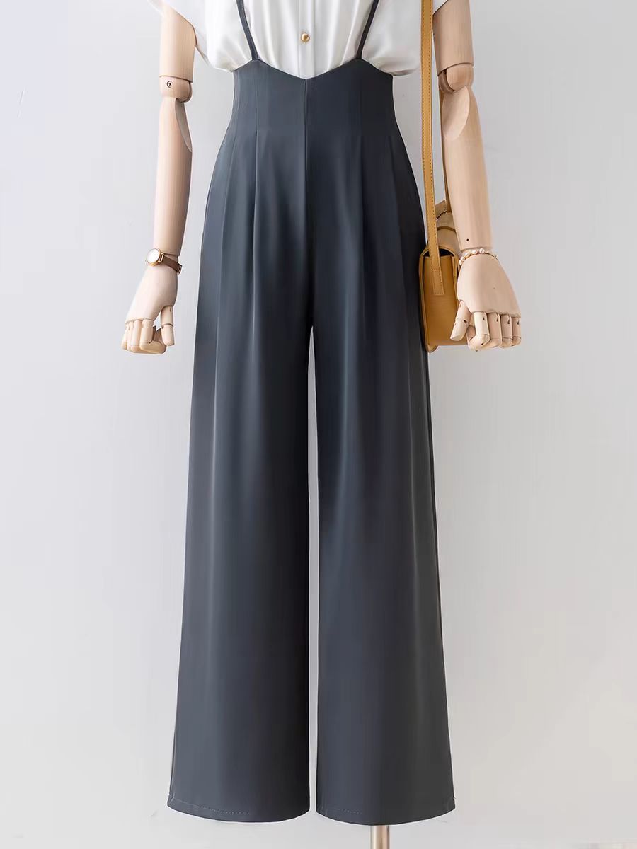 (01-60)高腰宽松显瘦背带阔腿裤女夏时尚垂感小个子百搭连体裤