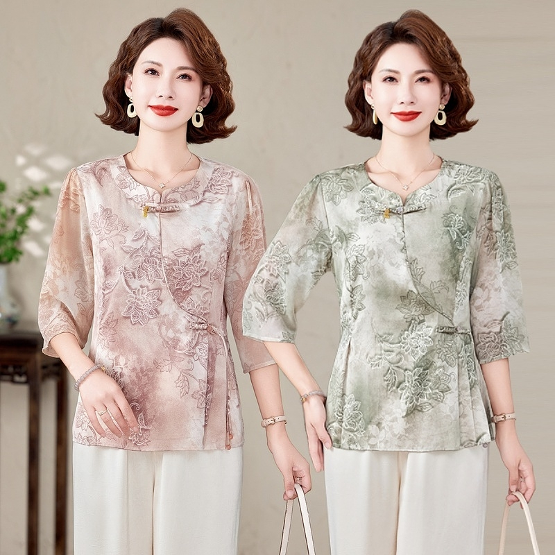 中老年2025夏季短袖国风套装时尚洋气显瘦中年妈妈新中式两件套装