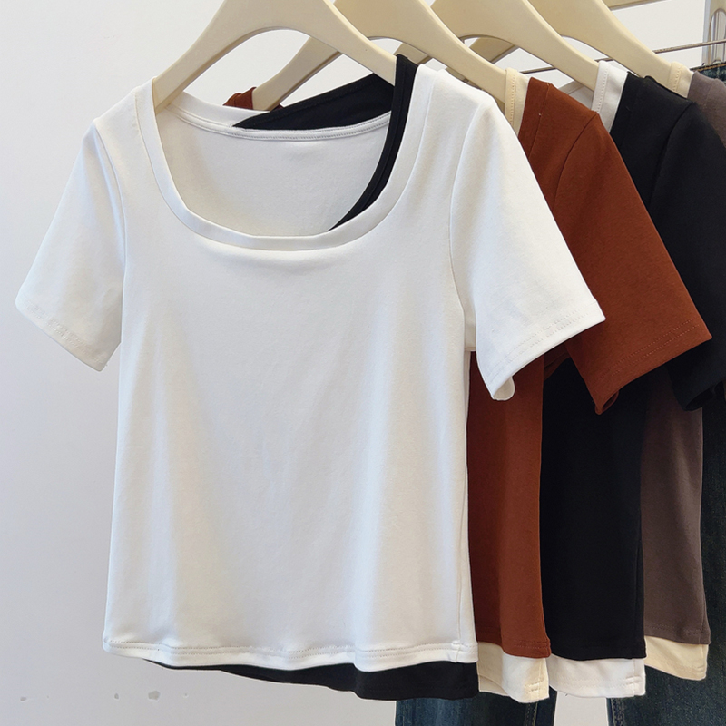 Q大码假两件白色短袖T恤女夏季设计感小众短款微胖mm正肩遮肚上衣