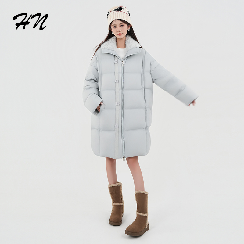 HN【翻领】拉链长款宽松女装中长款保暖运动时尚休闲秋冬羽绒服