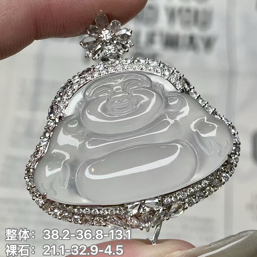 缅甸翡翠玻璃种佛公一刀切大白佛吊坠18k金伴钻镶嵌盖中盖可拆卸