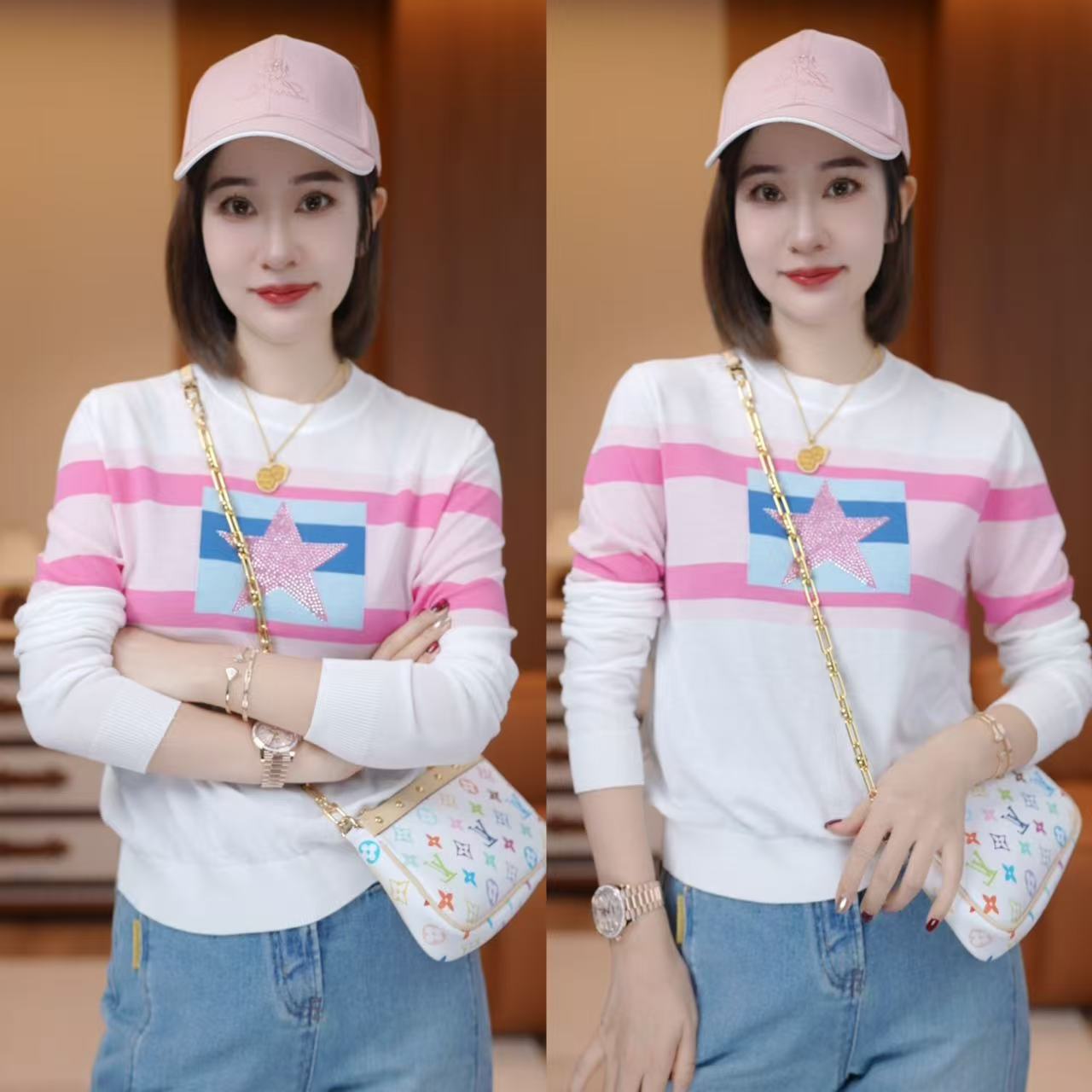 【粉星】早春桑蚕丝莱赛尔烫钻针织撞色减龄针织小衫XY2558