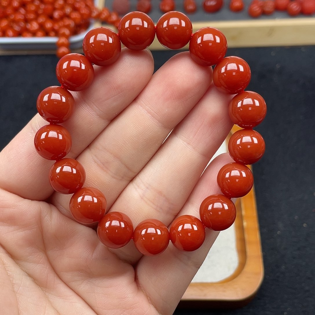 未镶嵌13号瓦西柿子红卡12圆珠手链南红玛瑙