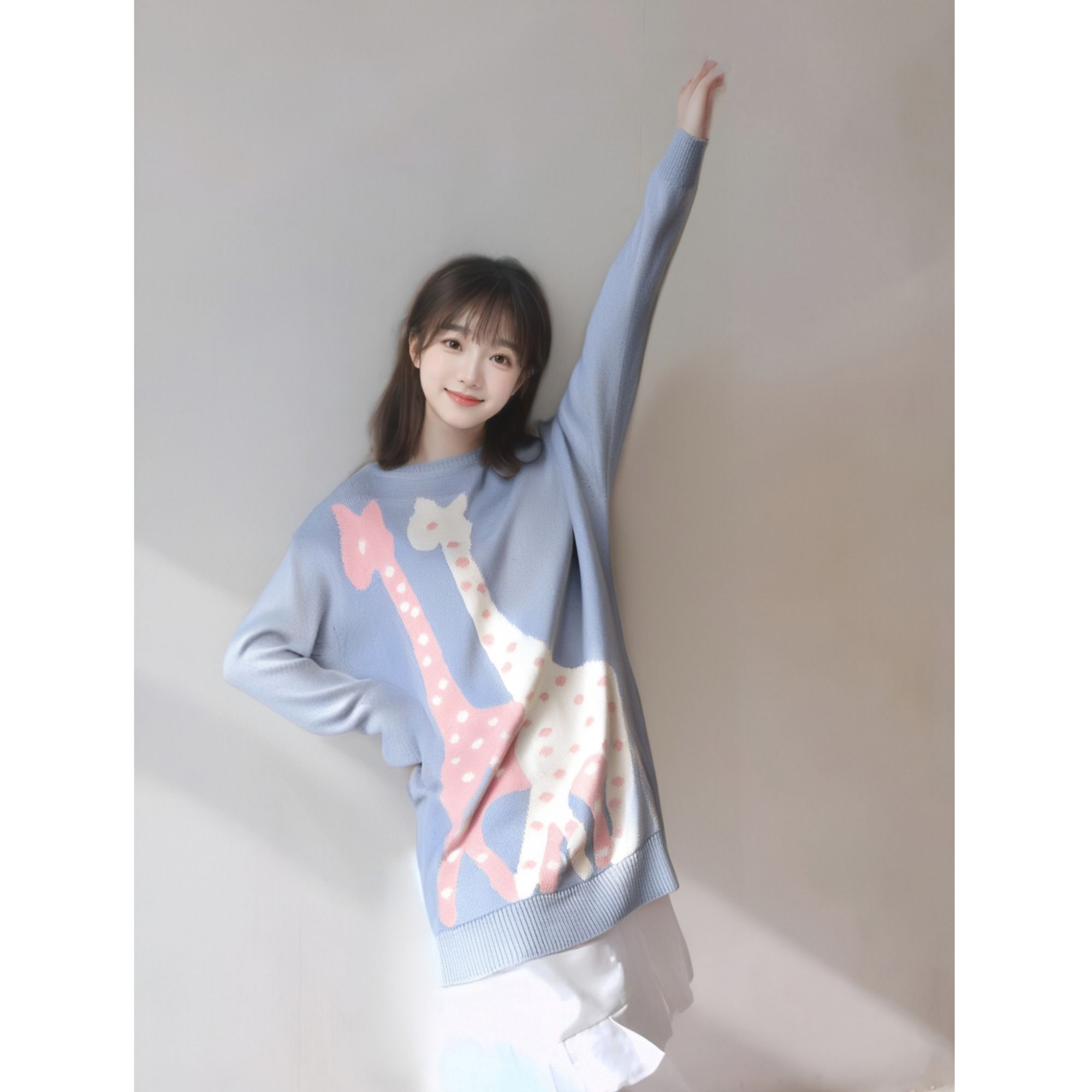 M5VB6650#长颈鹿提花圆领毛衣女宽松秋冬软糯针织上衣套头