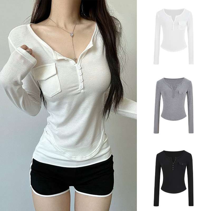 Moses Queen/魔西女王新款美式收腰短款长袖t恤女秋修身纽扣上衣
