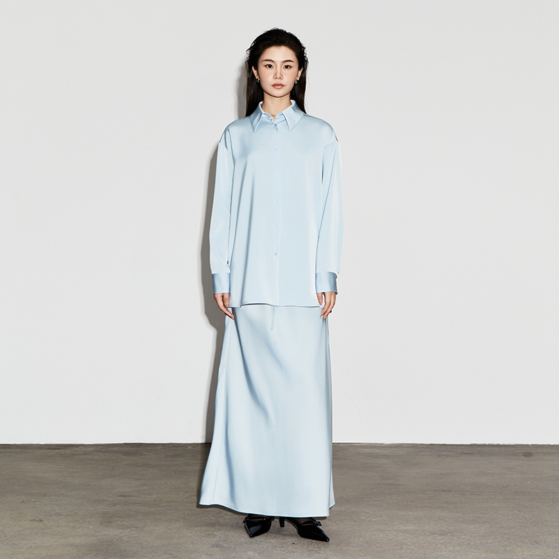 The Middle重磅仿醋酸缎面珠光质感两件套垂顺光泽感衬衫半裙通勤