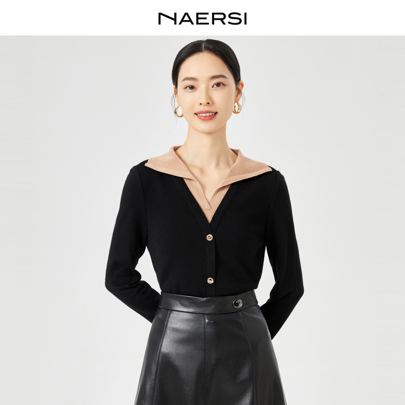 NAERSI/娜尔思流光智性风撞色翻领气质时髦秋冬羊毛衫NZ02982W0