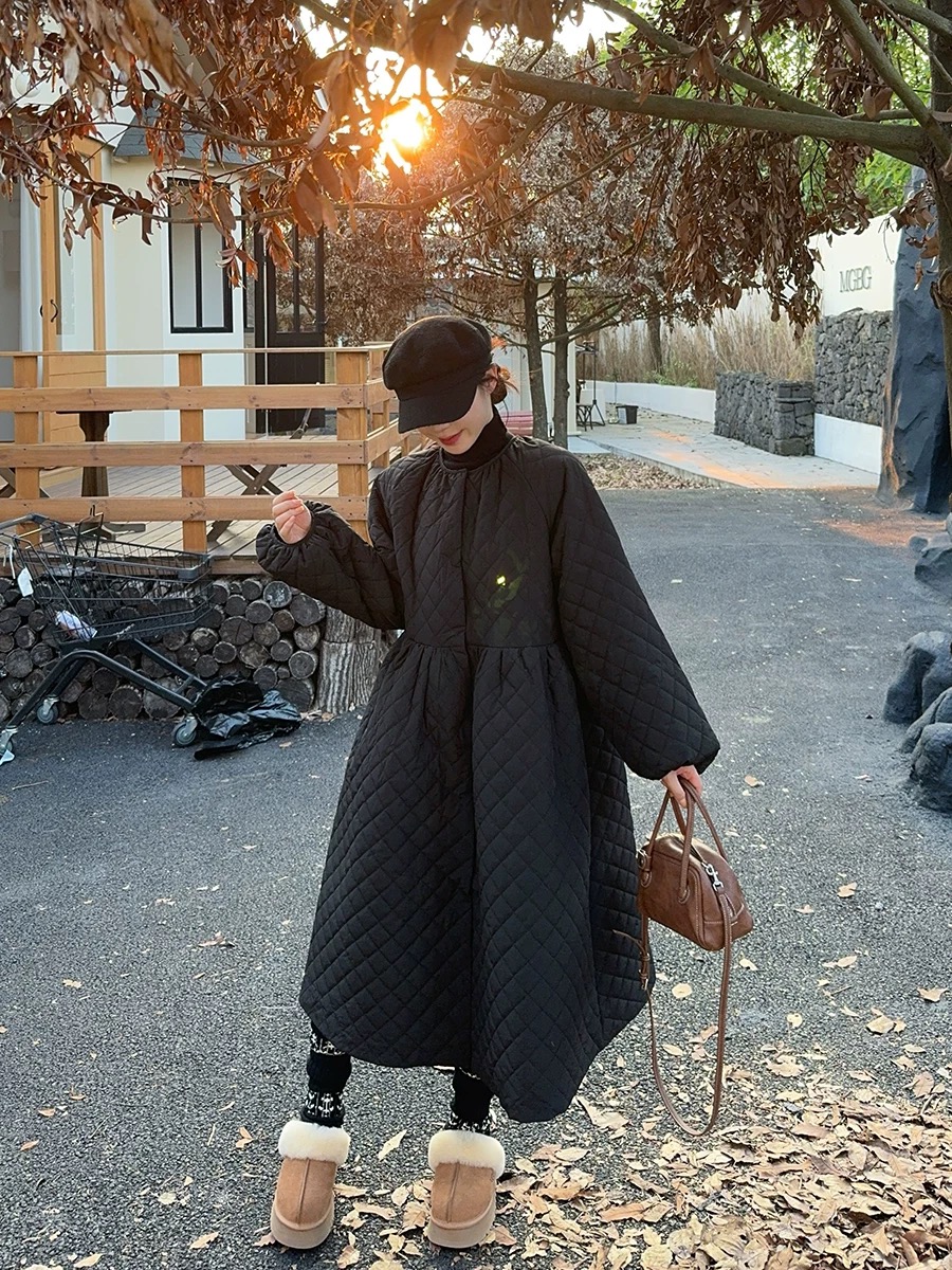 常规娃娃领中长款大衣复古圆领秋冬女棉服纯色韩版休闲黑色 B