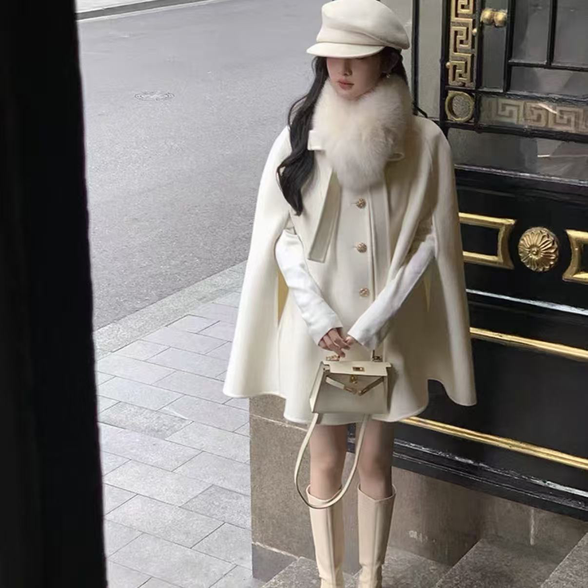 斗篷狐狸毛秋冬新款蝴蝶结公主风双面羊毛斗篷大衣