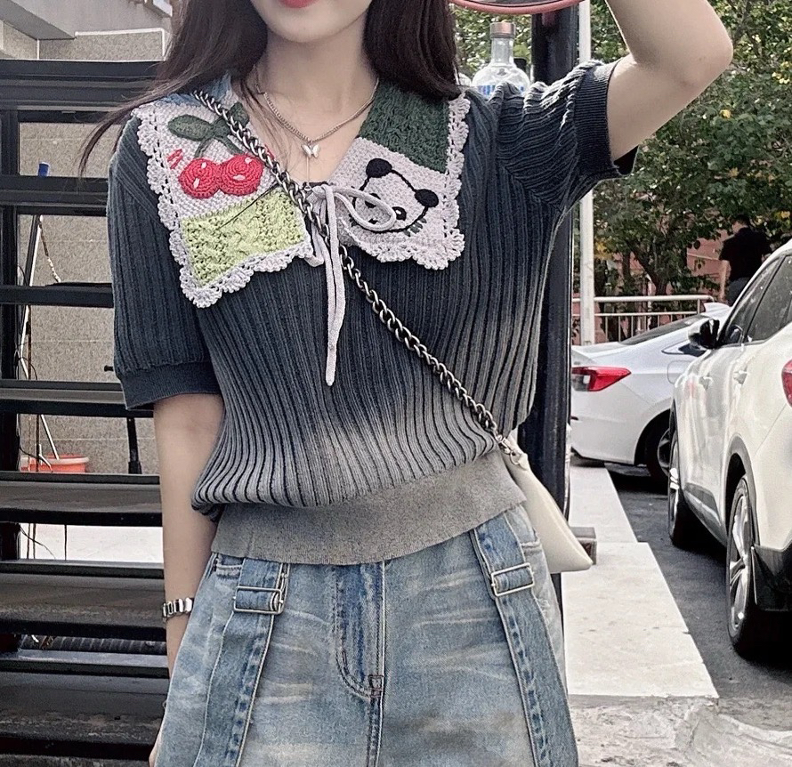 清货款 手工钩花熊猫针织水洗复古T恤女