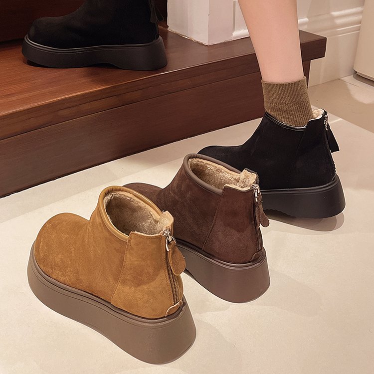 【折扣】冬季厚底圆头复古加绒舒适百搭马丁靴女短筒真皮雪地靴时尚