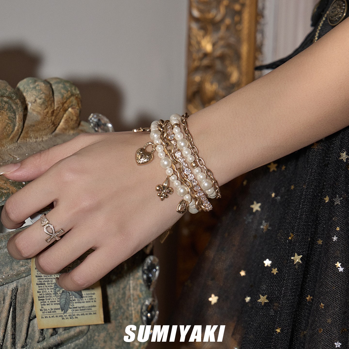 铜合金合成锆石手链 SUMIYAKI 爱锁芯系列爱心多层仿珍珠抽拉手链