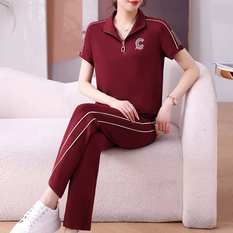 2025中年妈妈夏装运动套装中老年女士夏季短袖T恤休闲上衣两件套