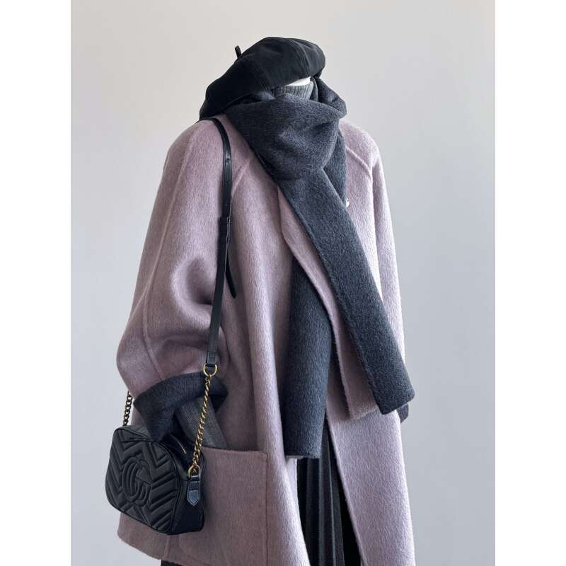 AY02韩版宽松羊毛大衣女春秋新款两面穿灰紫色围巾羊毛呢子外套