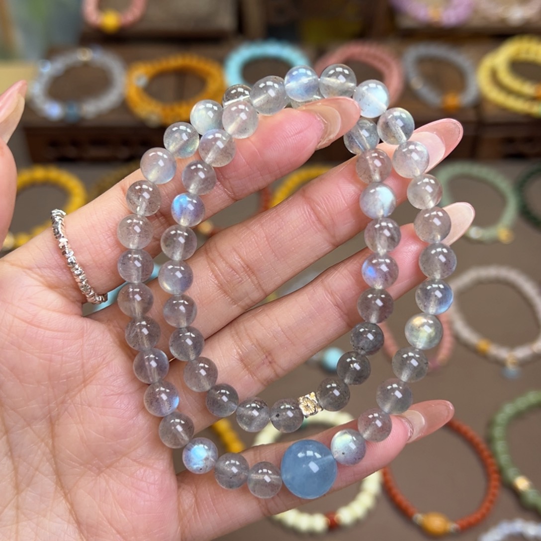 长石手链银S925镶嵌灰月光