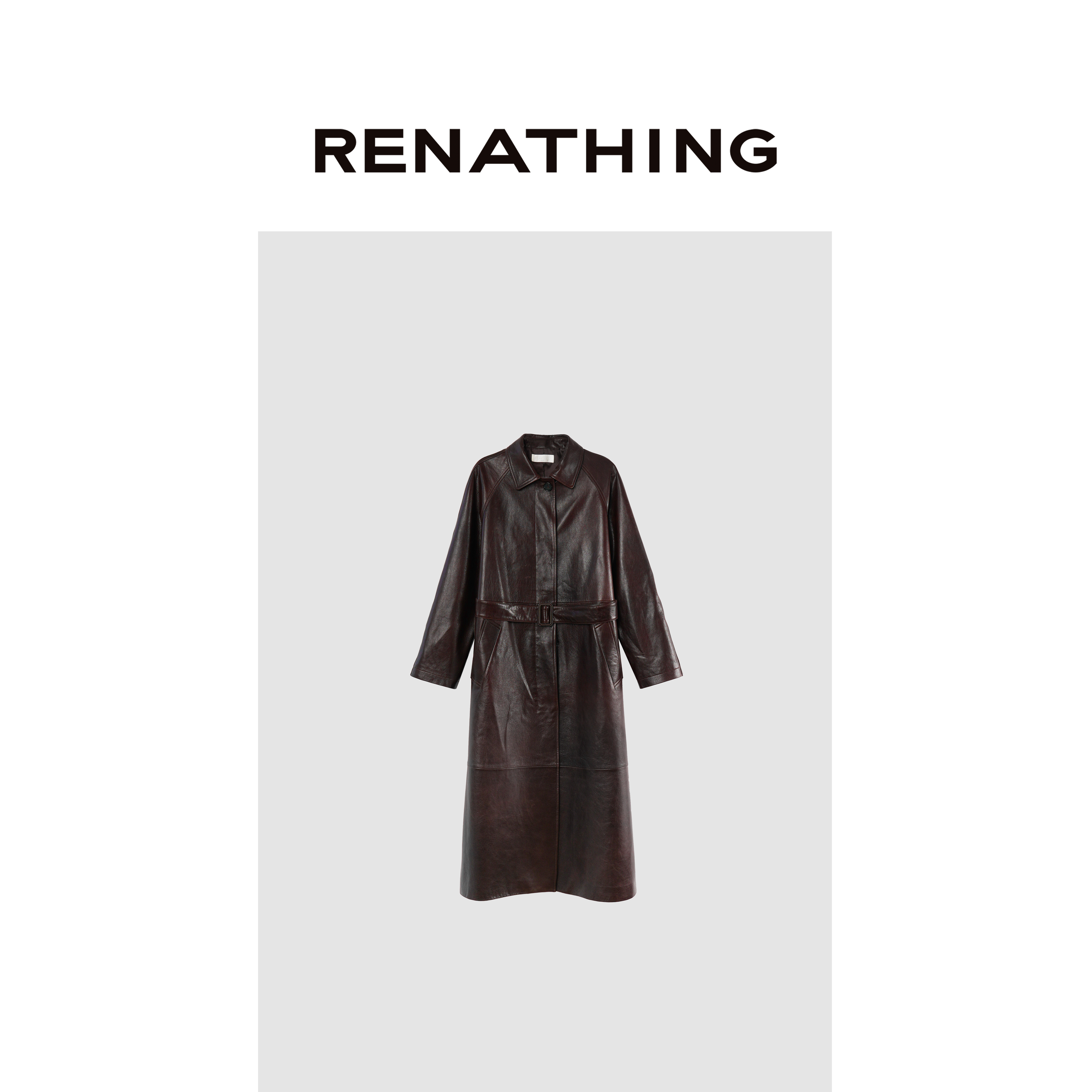 【RENATHING】翻领系带羊皮革长款风衣