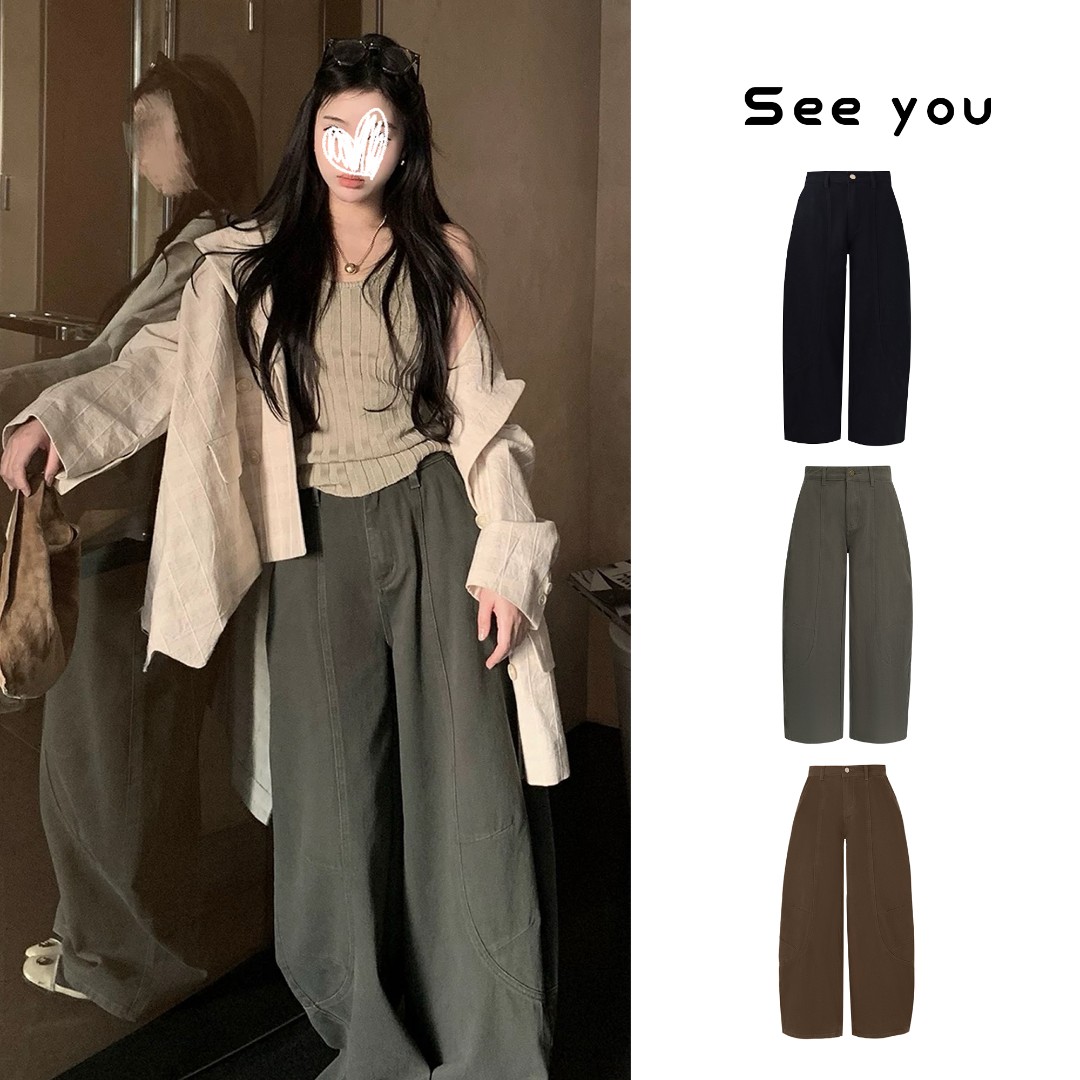 美式复古牛仔裤女新款阔腿裤弯刀裤宽松拖地长裤直筒裤子8306