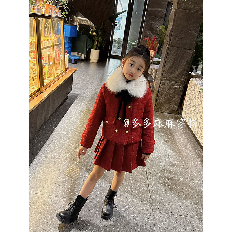 女童厚款冬季小香风套装款洋气女童可拆毛领休闲风韩版26066#