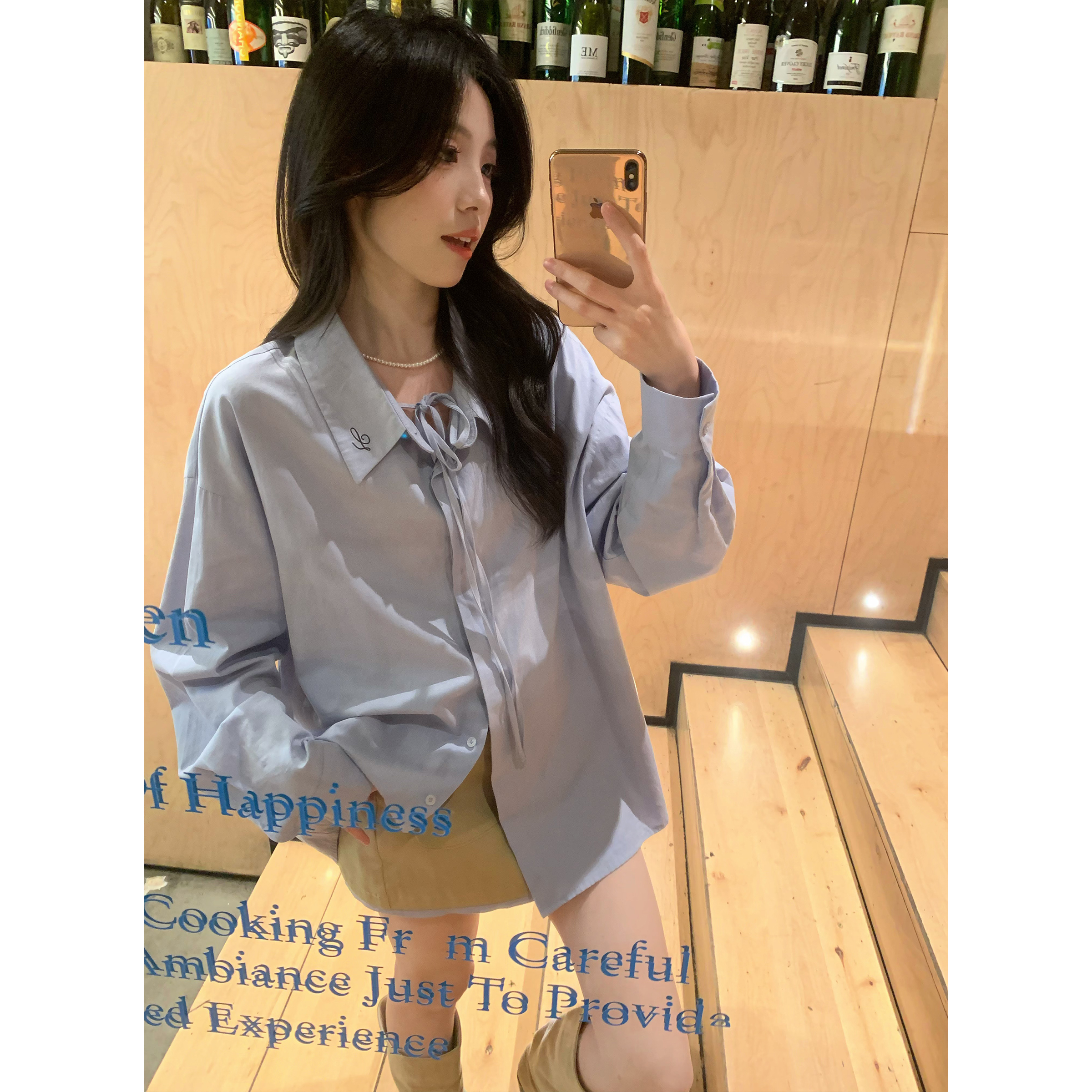 Even一雯【小岛胶片】韩系高智感休闲显瘦春夏设计感蓝色飘带衬衫