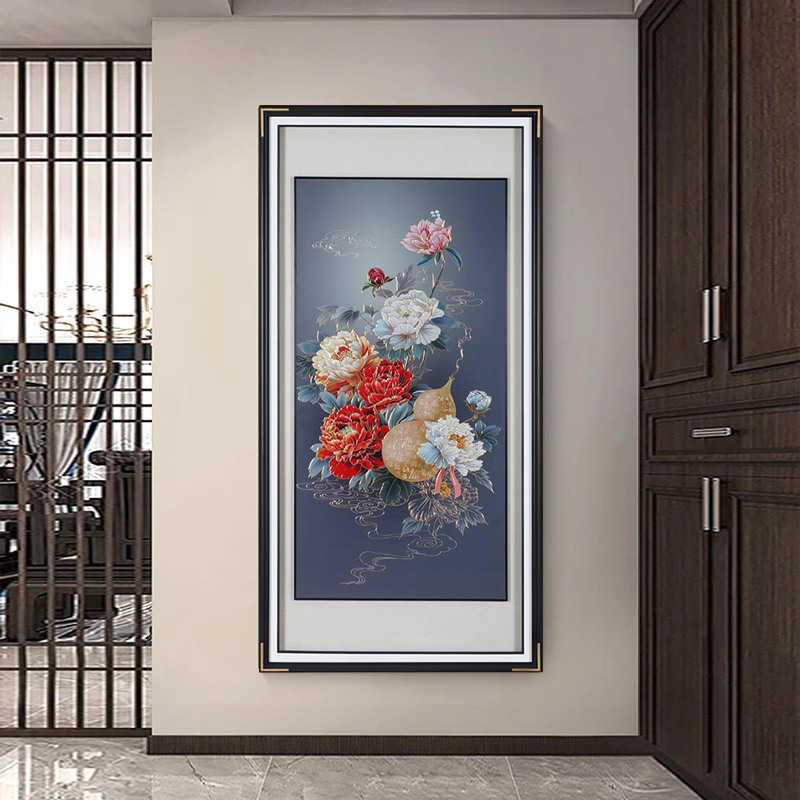 铜雕画《福禄牡丹》竖版客厅玄关书房茶室办公室装饰画挂画铜版画